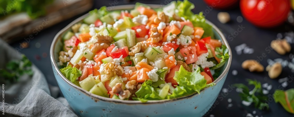 Fresh vegetable salad in a bowl, featuring lettuce, tomatoes, cucumbers, and walnuts. Ideal for healthy eating advertising. Fresh vegetable salad in a bowl, featuring lettuce, tomatoes, cucumbers, and walnuts. Ideal for healthy eating advertising.