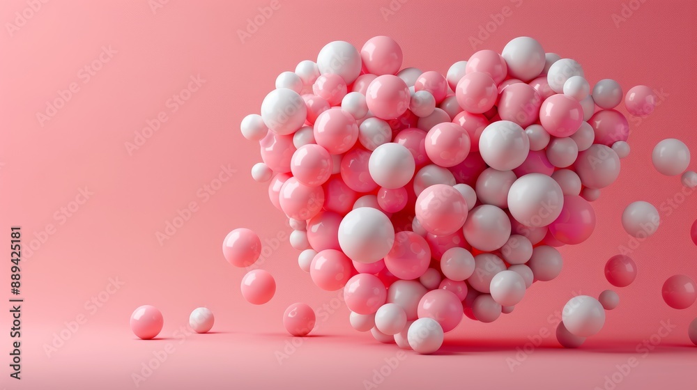 The 3D rendering shows pink, white, and metallic balloons arranged in a heart shape. The 3D rendering shows pink, white, and metallic balloons arranged in a heart shape.