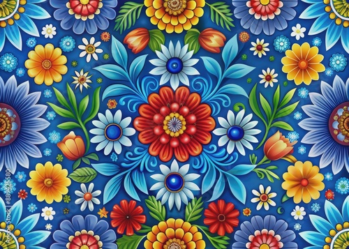 A colorful floral design with a blue and white background. Hispanic Heritage month pattern.
