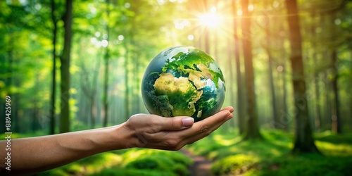 Vibrant green earth globe cradled in an open hand, set against lush forest backdrop, symbolizing environmental care and sustainable development for a healthier planet.