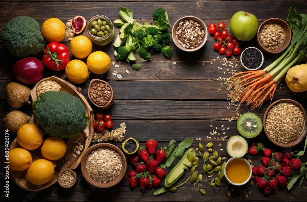 Flat lay of healthy food frame with various fruits vegetables and seeds Flat lay of healthy food frame with various fruits vegetables and seeds
