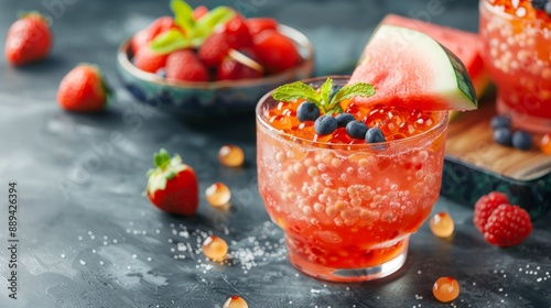 Subak Hwachae cocktail, Korean traditional watermelon punch salad drink, with a lot of fruit slices, with tapioca boba pearl photo