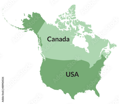 America and Canada map. Map of North America with USA and Canada map in green color.