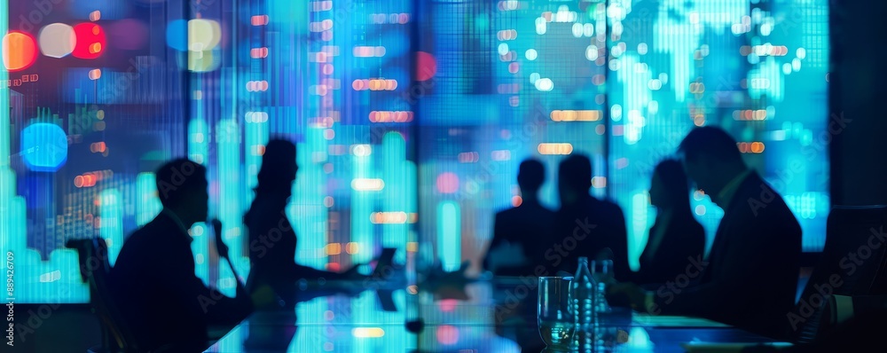 Blurred business people in a modern boardroom, reviewing documents and digital charts on a large screen Blurred business people in a modern boardroom, reviewing documents and digital charts on a large screen