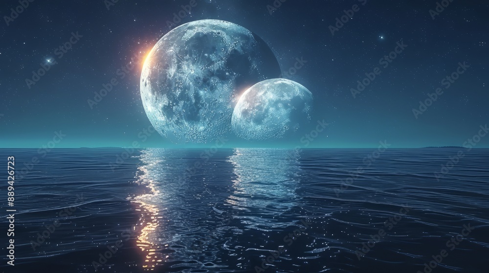 In the vast expanse of space, two moons reflection each other on water surface, stars and milky way in background, In the vast expanse of space, two moons reflection each other on water surface, stars and milky way in background,