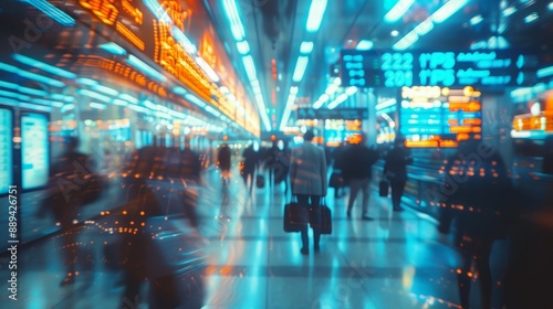 Blurred business crowd walking through an airport terminal, pulling suitcases and checking phones