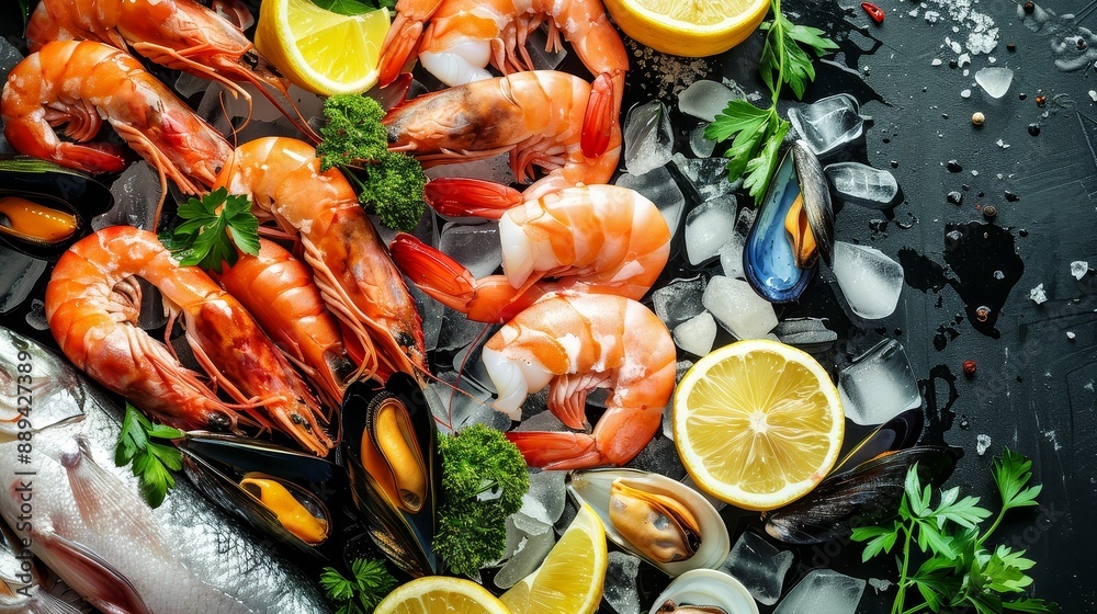Assorted raw seafood including shrimp, scallops, and mussels on ice, surrounded by lemon wedges and herbs Assorted raw seafood including shrimp, scallops, and mussels on ice, surrounded by lemon wedges and herbs