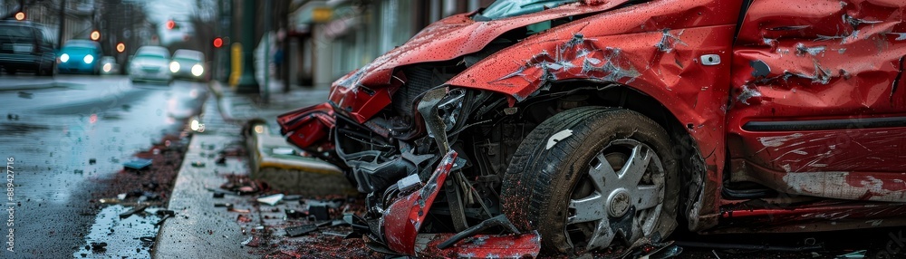Crushed sedan after a violent collision with a tree, leaving the vehicle severely deformed Crushed sedan after a violent collision with a tree, leaving the vehicle severely deformed