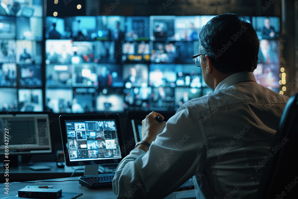 Security specialist working at control center with many computer screens Security specialist working at control center with many computer screens