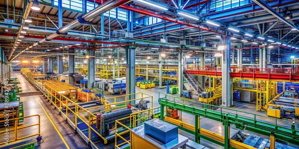 Vibrant factory floor with machinery, conveyor belts, and metallic structures, depicting a dynamic industrial atmosphere, illuminated by bright overhead lighting and vivid colors.