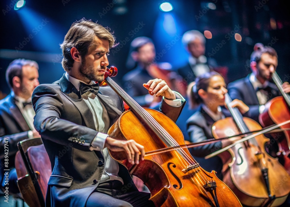 Fototapeta premium Talented musician playing violin cello in orchestra concert theatre opera musical talent skill classical music artistic performance string instrument intelligent person clear sound live show symphony