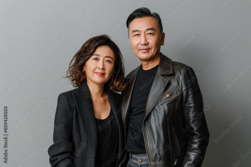 Portrait of a glad asian couple in their 30s sporting a stylish leather blazer over plain cyclorama studio wall Portrait of a glad asian couple in their 30s sporting a stylish leather blazer over plain cyclorama studio wall
