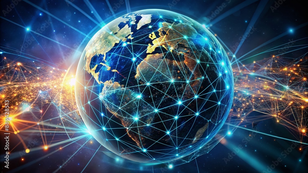 A futuristic glowing global network of interconnected lines and circuits, surrounding a stylized 3D Earth, symbolizing modern digital communication and technology. A futuristic glowing global network of interconnected lines and circuits, surrounding a stylized 3D Earth, symbolizing modern digital communication and technology.