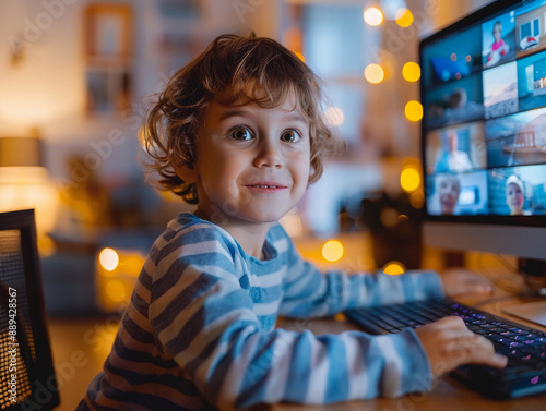 Wallpaper Mural Young Boy Uses Computer for Video Chat With Friends During Evening Torontodigital.ca