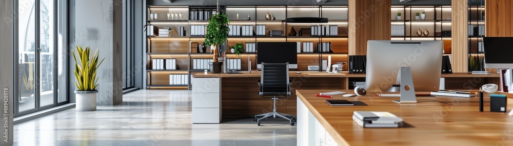 A desk with a map on the wall and a computer monitor. The desk is surrounded by a few drawers and a chair A desk with a map on the wall and a computer monitor. The desk is surrounded by a few drawers and a chair