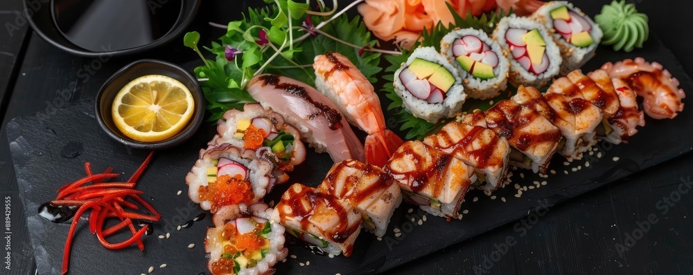 Assorted sushi platter with fresh sashimi, nigiri, and rolls beautifully presented on a black slate with soy sauce and garnishes. Assorted sushi platter with fresh sashimi, nigiri, and rolls beautifully presented on a black slate with soy sauce and garnishes.