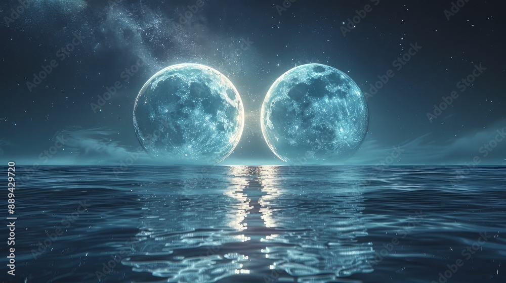 In the vast expanse of space, two moons reflection each other on water surface, stars and milky way in background, In the vast expanse of space, two moons reflection each other on water surface, stars and milky way in background,