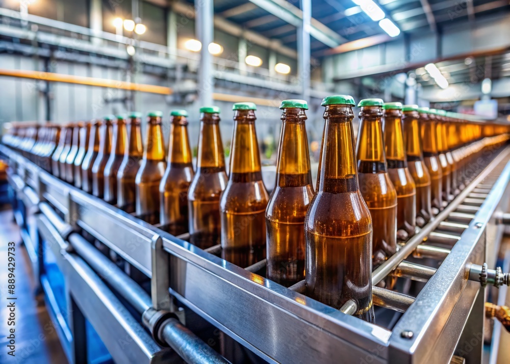 A row of frosty glass beer bottles glides along a stainless steel conveyor belt in a bustling brewery, surrounded by blurred industrial machinery and pipes. A row of frosty glass beer bottles glides along a stainless steel conveyor belt in a bustling brewery, surrounded by blurred industrial machinery and pipes.