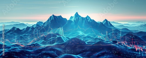 A digital landscape where financial indicators like GDP and interest rates form the mountains and valleys
