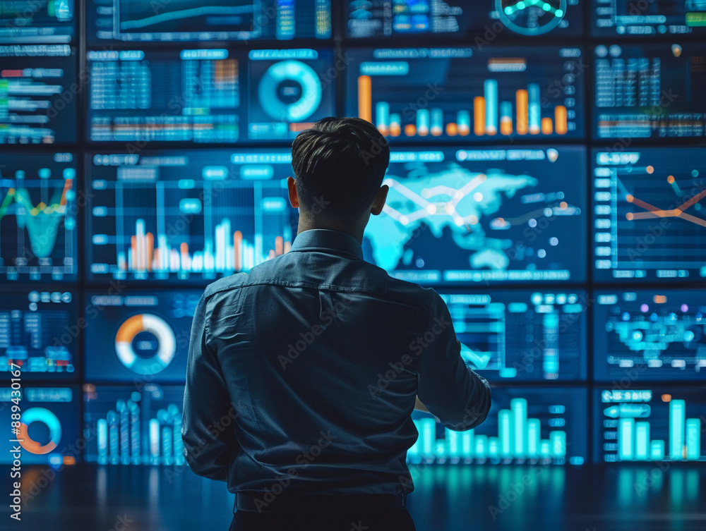 Man Analyzing Data on Large Digital Screens in a Modern Office Man Analyzing Data on Large Digital Screens in a Modern Office