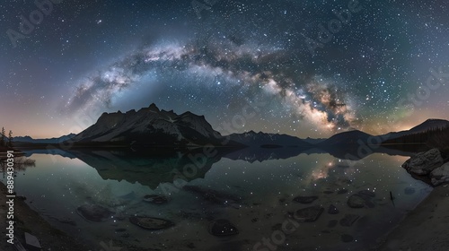 The Milky Way reflected in a still lake, with mountains in the distance.