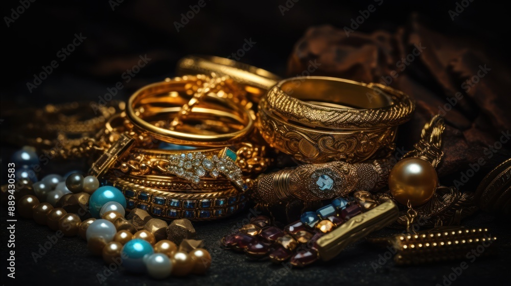 Golden Treasures: A Close-Up of Luxurious Jewelry Golden Treasures: A Close-Up of Luxurious Jewelry