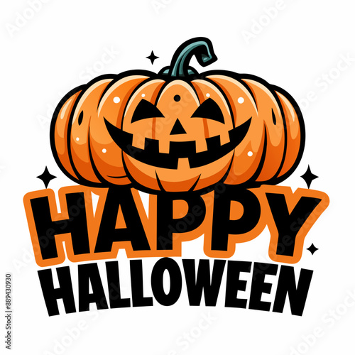 orange jack-o'-lantern with a wide, toothy grin is accompanied by the text Happy Halloween