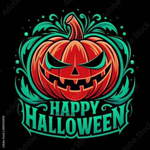 orange jack-o'-lantern with a wide, toothy grin is accompanied by the text Happy Halloween