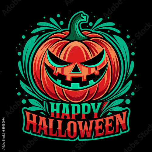 orange jack-o'-lantern with a wide, toothy grin is accompanied by the text Happy Halloween