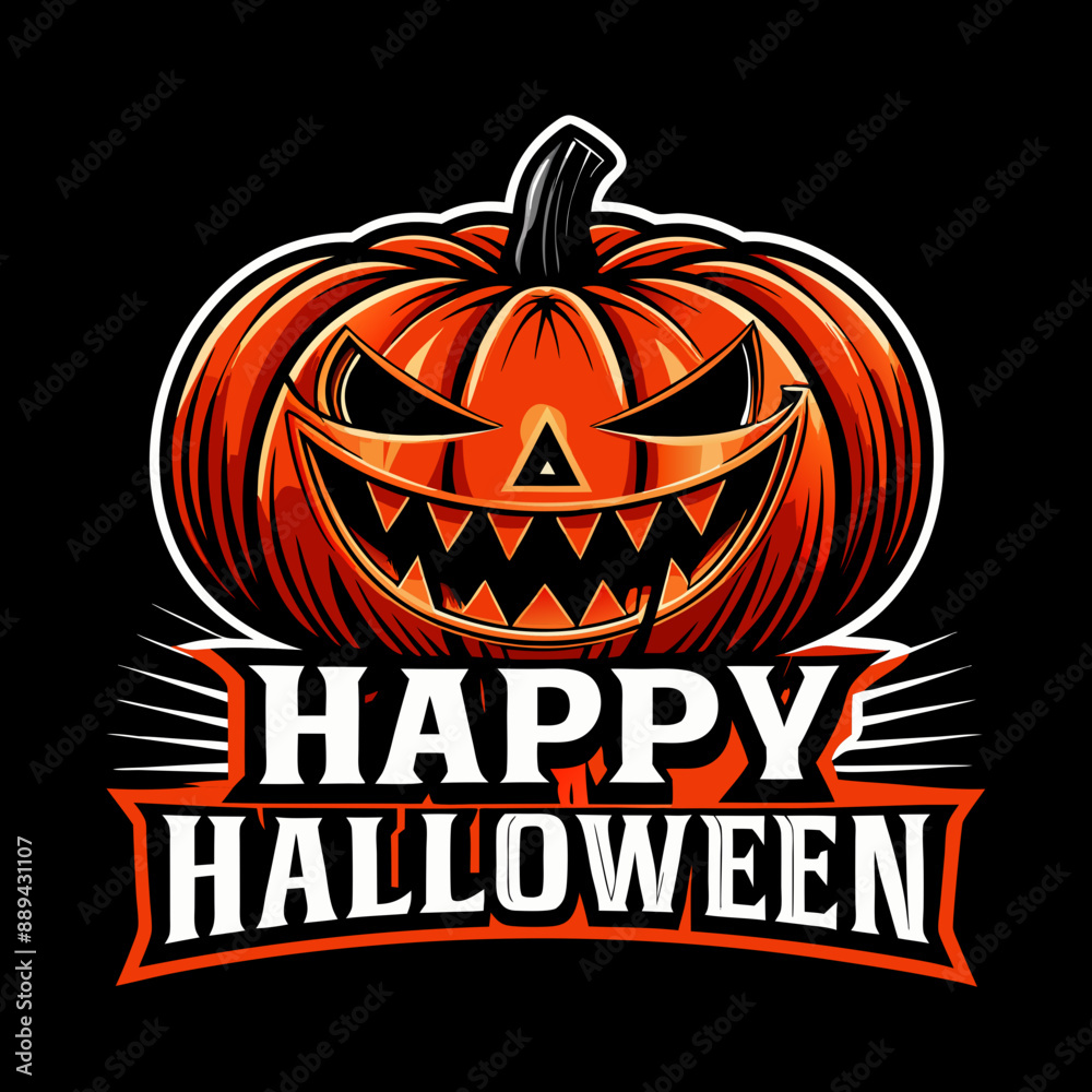 orange jack-o'-lantern with a wide, toothy grin is accompanied by the text Happy Halloween orange jack-o'-lantern with a wide, toothy grin is accompanied by the text Happy Halloween