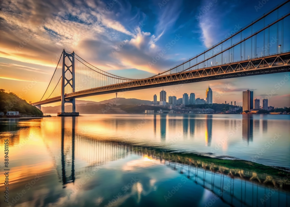 Fototapeta premium Elegant curve of a suspension bridge stretches above calm waters, with subtle cityscape in the distance, ideal for fashion and travel editorials.