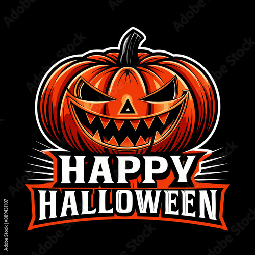 orange jack-o'-lantern with a wide, toothy grin is accompanied by the text Happy Halloween