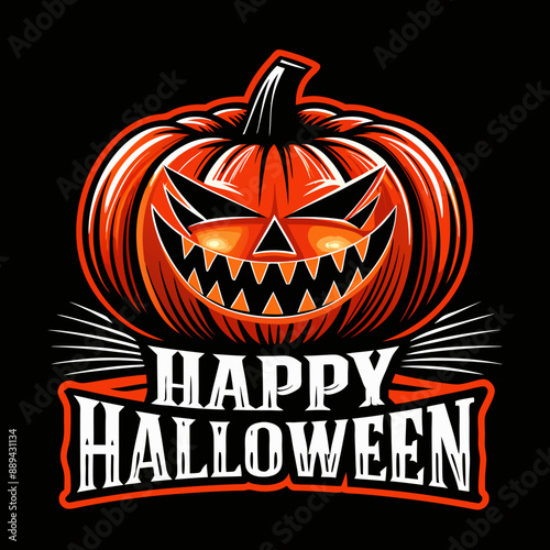 orange jack-o'-lantern with a wide, toothy grin is accompanied by the text Happy Halloween