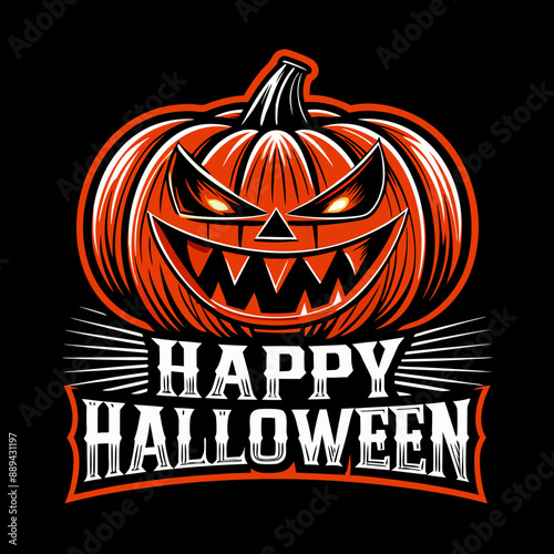 orange jack-o'-lantern with a wide, toothy grin is accompanied by the text Happy Halloween