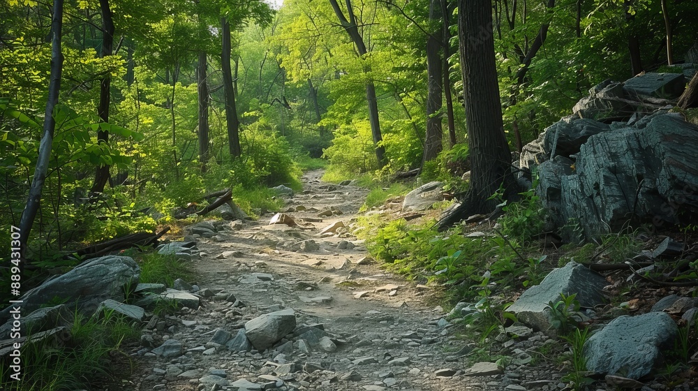 A Winding Forest Path Through Lush Green Trees on a Sunny Day A Winding Forest Path Through Lush Green Trees on a Sunny Day
