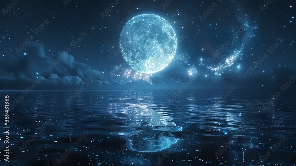 In the vast expanse of space, two moons reflection each other on water surface, stars and milky way in background, In the vast expanse of space, two moons reflection each other on water surface, stars and milky way in background,