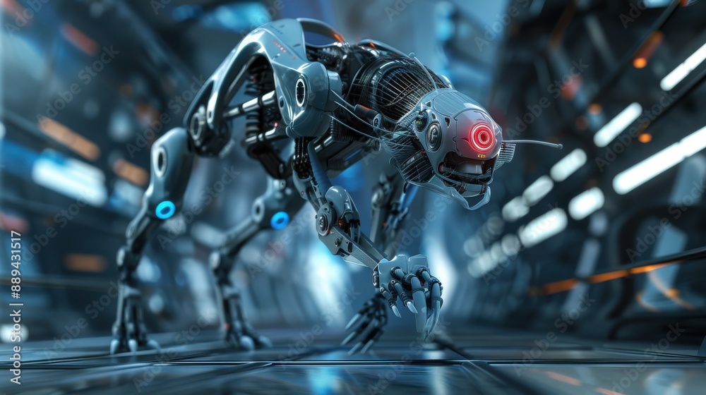 Fototapeta premium A robot with red eyes and blue legs is walking through a room