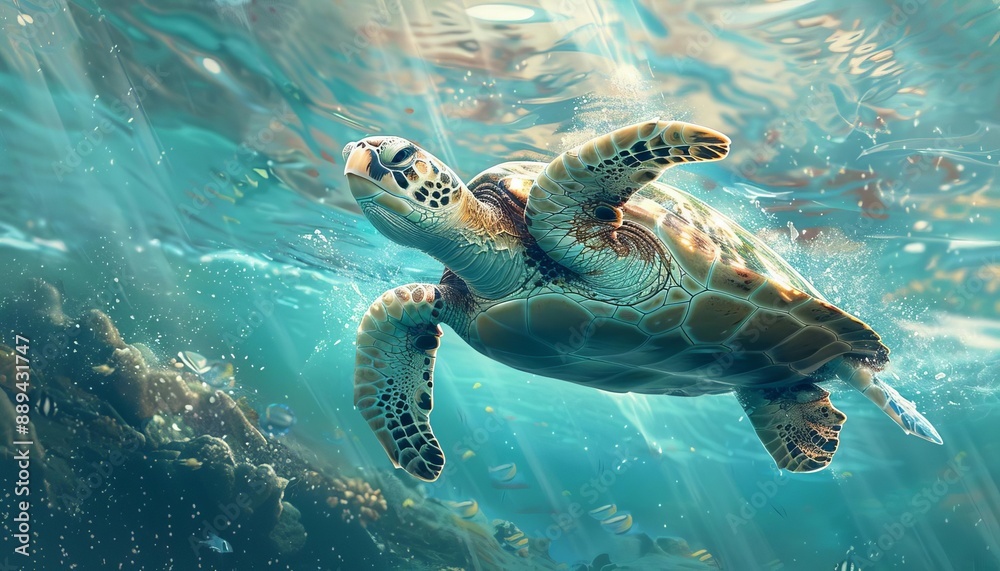 Obraz premium Illustration for world oceans day with a sea turtle swimming in clear ocean.
