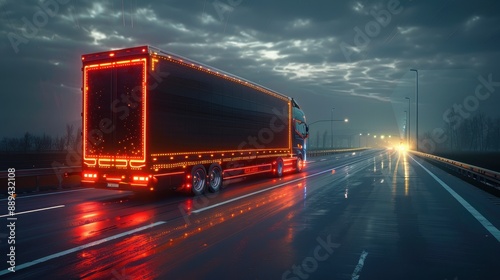 A red semi truck is driving down a road in the woods. The truck is surrounded by trees and the sky is dark