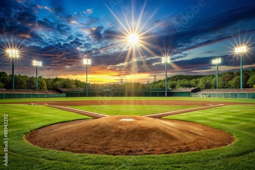 Sun-drenched baseball field with freshly cut grass and vibrant stadium lights, showcasing empty baselines and a well-manicured pitcher's mound in the foreground.