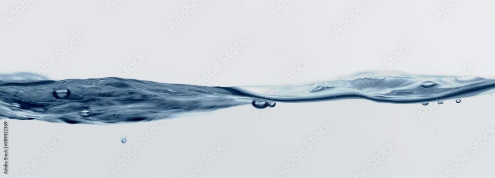 abstract blue water wave isolated on white background banner, rippled water line with transparent bubbles and underwater view, motion design concept with copy space 