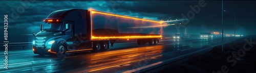 A red semi truck is driving down a road in the woods. The truck is surrounded by trees and the sky is dark