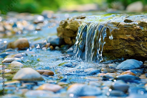 The image shows a small waterfall flowing over rocks in an outdoor setting