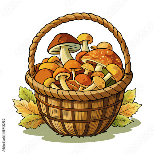 A wicker basket with a harvest of mushrooms. A hand-drawn watercolor painting
