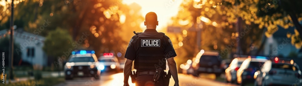 Obraz Police officer walking down the street at sunset, police cars in the background, neighborhood setting, law enforcement scene.