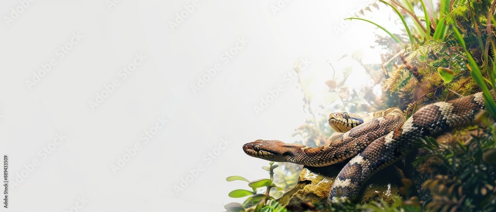 Fototapeta premium A snake is laying on the ground in a forest