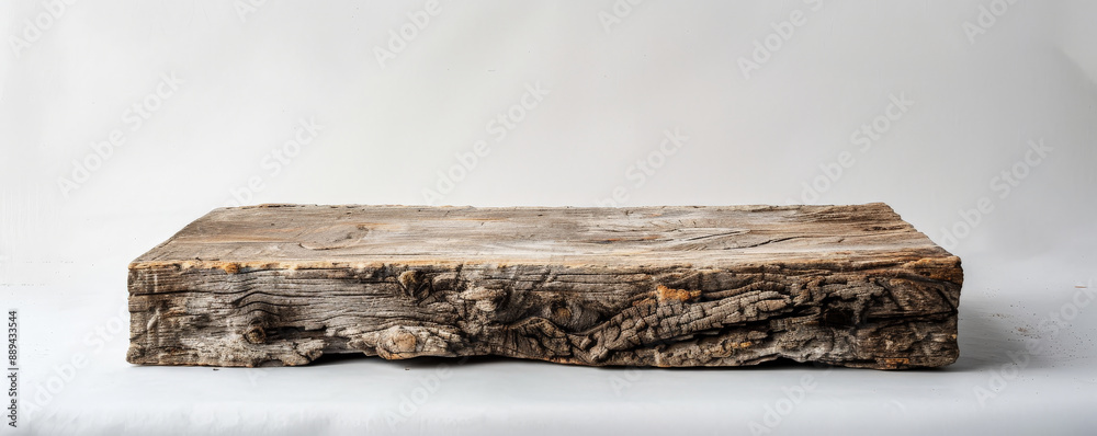 Fototapeta premium An old wooden podium with a rough, textured finish, ideal for showcasing natural beauty products. The clean white background provides a modern contrast to the rustic wood.