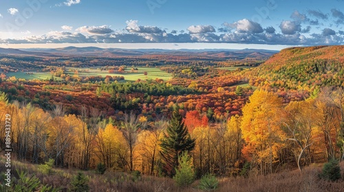 A panoramic view of rolling hills covered in vibrant autumn foliage, with a clear, crisp sky overhead