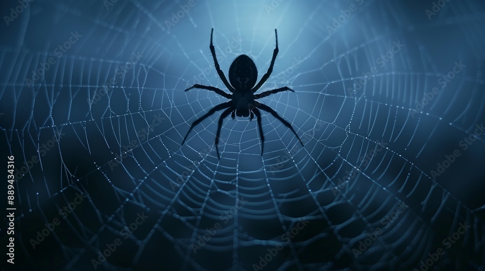 Obraz premium Silhouette of a Spider on Detailed Web with Dew Drops at Night in a Spooky Blue Atmosphere Perfect for Halloween Themes and Nature Photography