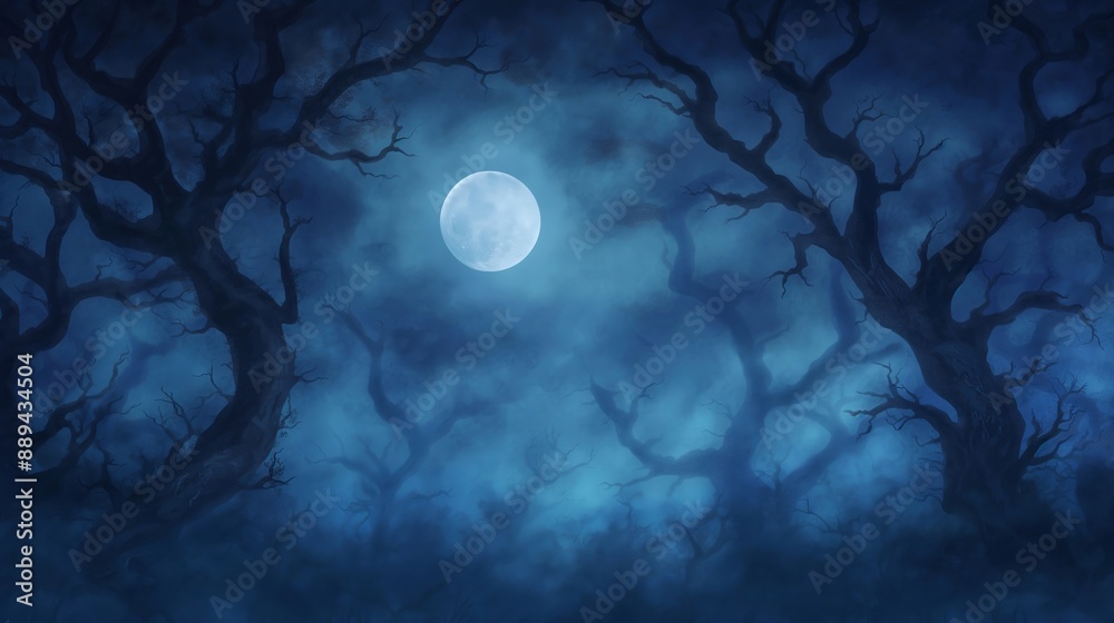 Fototapeta premium Full Moon Illuminating Dark Spooky Forest with Bare Trees on Misty Night - Halloween Nighttime Scene, Eerie Atmospheric Landscape for Seasonal Designs and Horror Themes